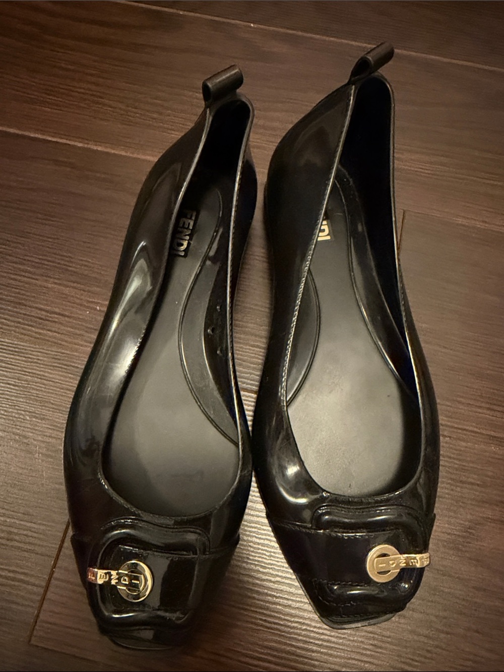 Fendi Black Patent Leather Flats with Gold Logo Hardware